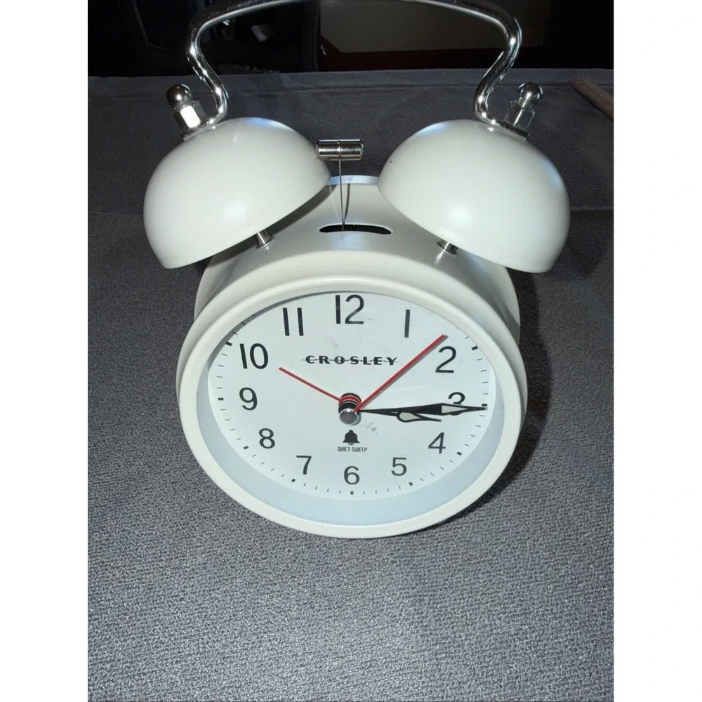Crosley Vintage Style Twin Bell Alarm Clock White Quartz Quiet Sweep Metal Retro